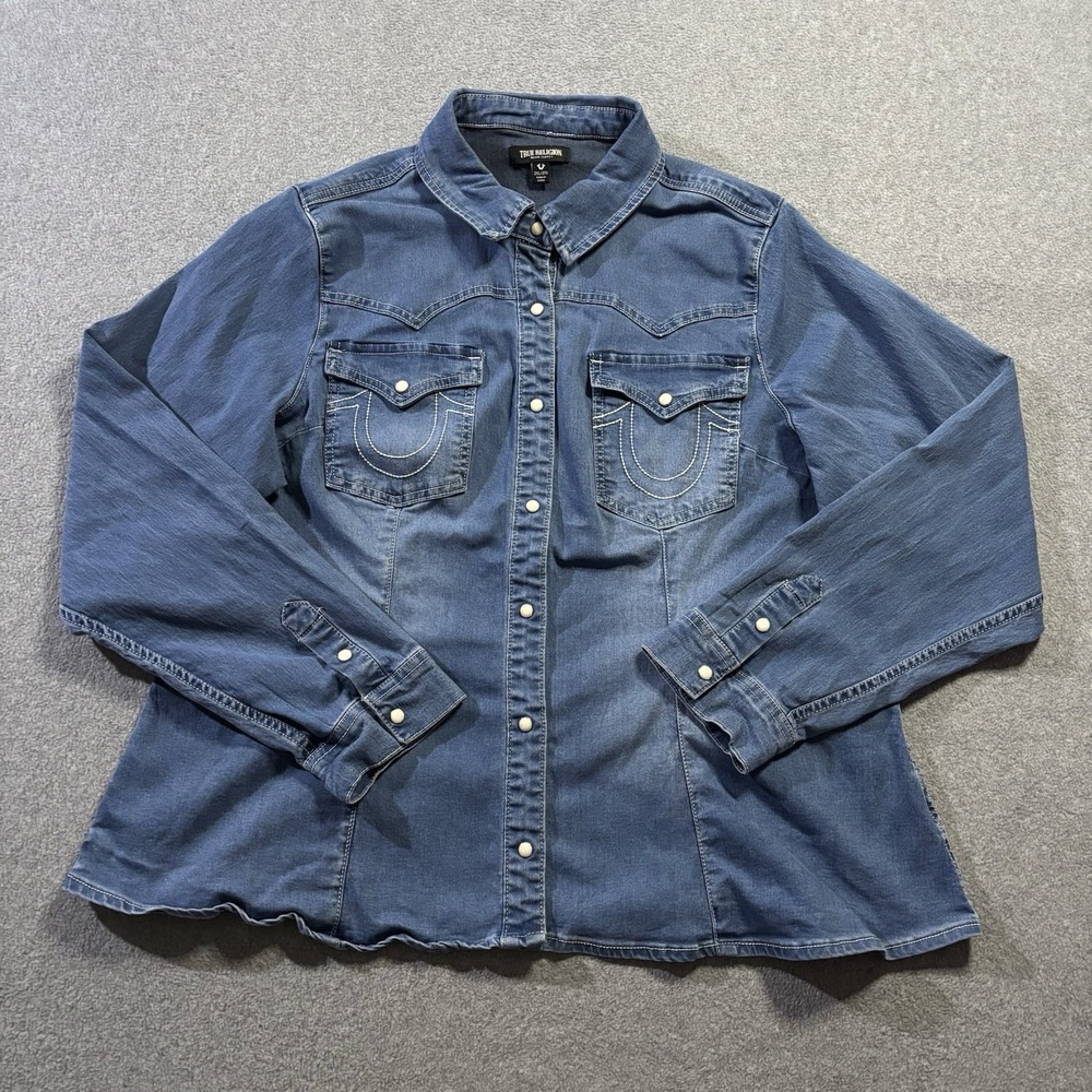 True Religion Women's Western Denim Shirt 2XL Blue Pearl Snap Long Sleeve Top